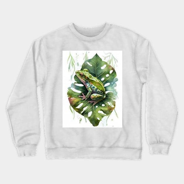 Green Frog on a Leaf Watercolor Design Crewneck Sweatshirt by designs4days